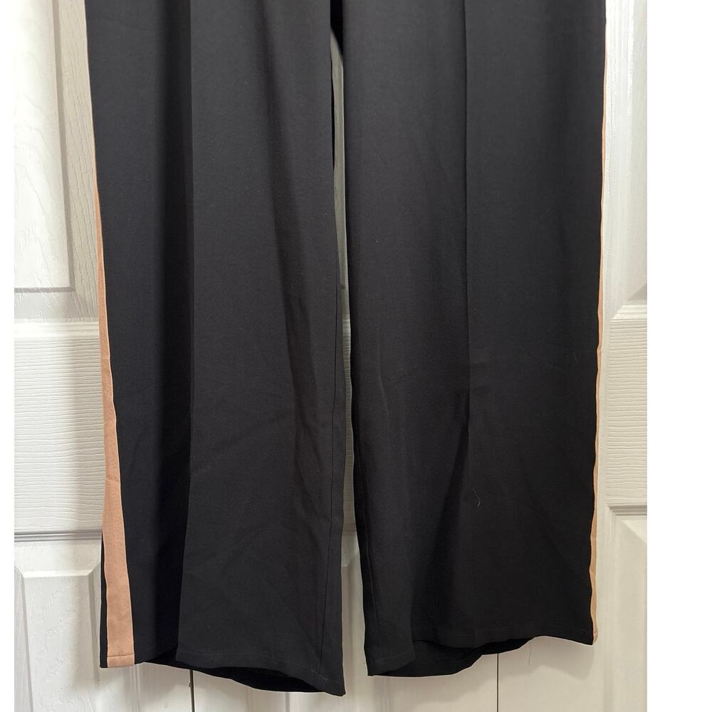 Eileen Fisher Black Straight Leg Pants with Tan Stripe - Picture 3 of 8